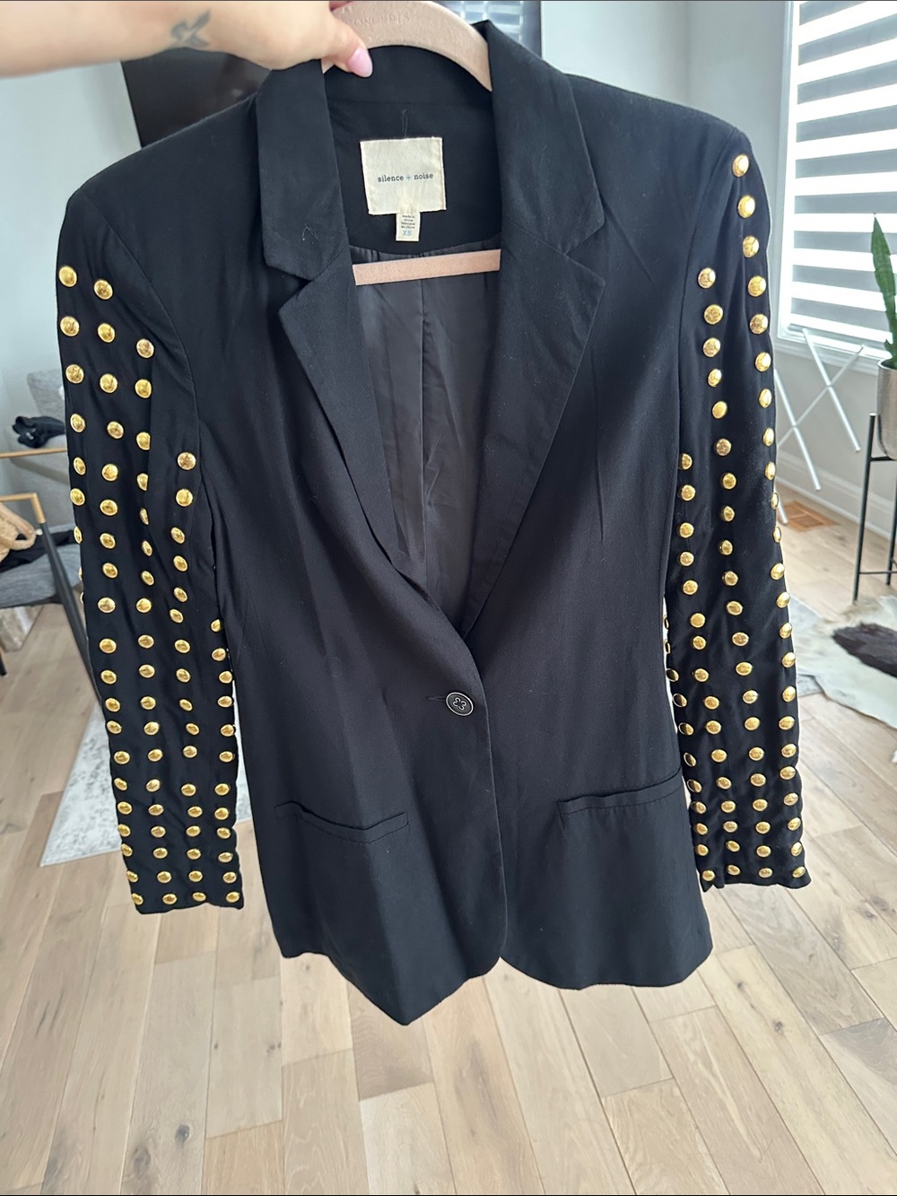 silence + noise Black Blazer with Gold Stud Sleeves XS